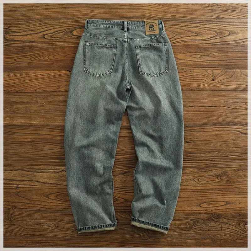 High street American ripped wash made old blue jeans men's casual loose straight trousers mopping pants fashion