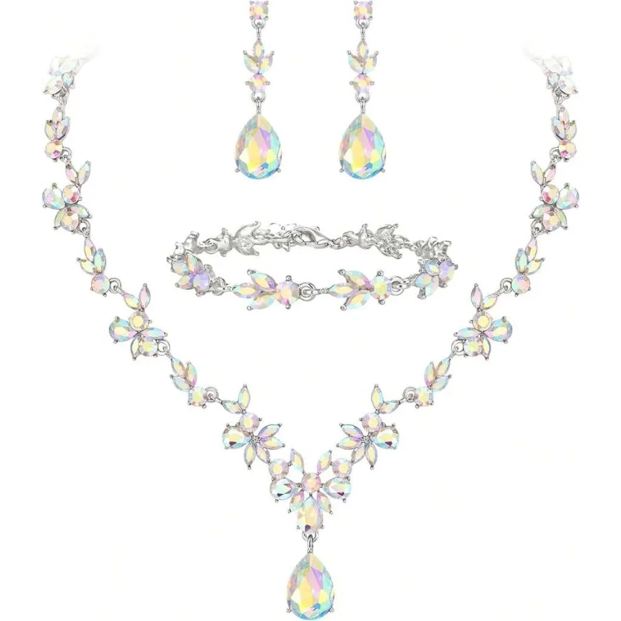 

Elegant Crystal Teardrop Jewelry Set For Wedding Bridal Necklace Bracelet Dangle Earrings