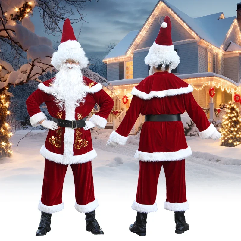 Men Santa Claus Costume Christmas Dress-Up Outfit for Adult Santa Suit with Hat