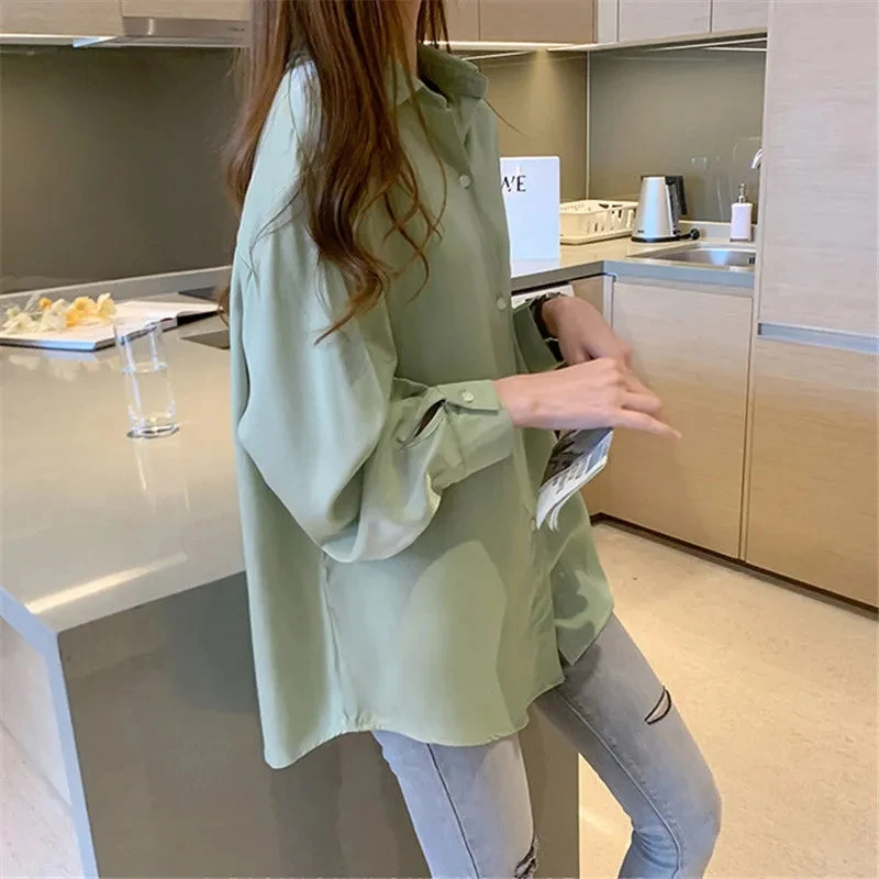 Hong Kong Winds หญิงอเนกประสงค์สีทึบเสื้อชีฟองเสื้อสเวตเตอร์ถักเกาหลีสไตล์ Retro ผู้หญิงหลวมแขนยาวเสื้อชีฟอง