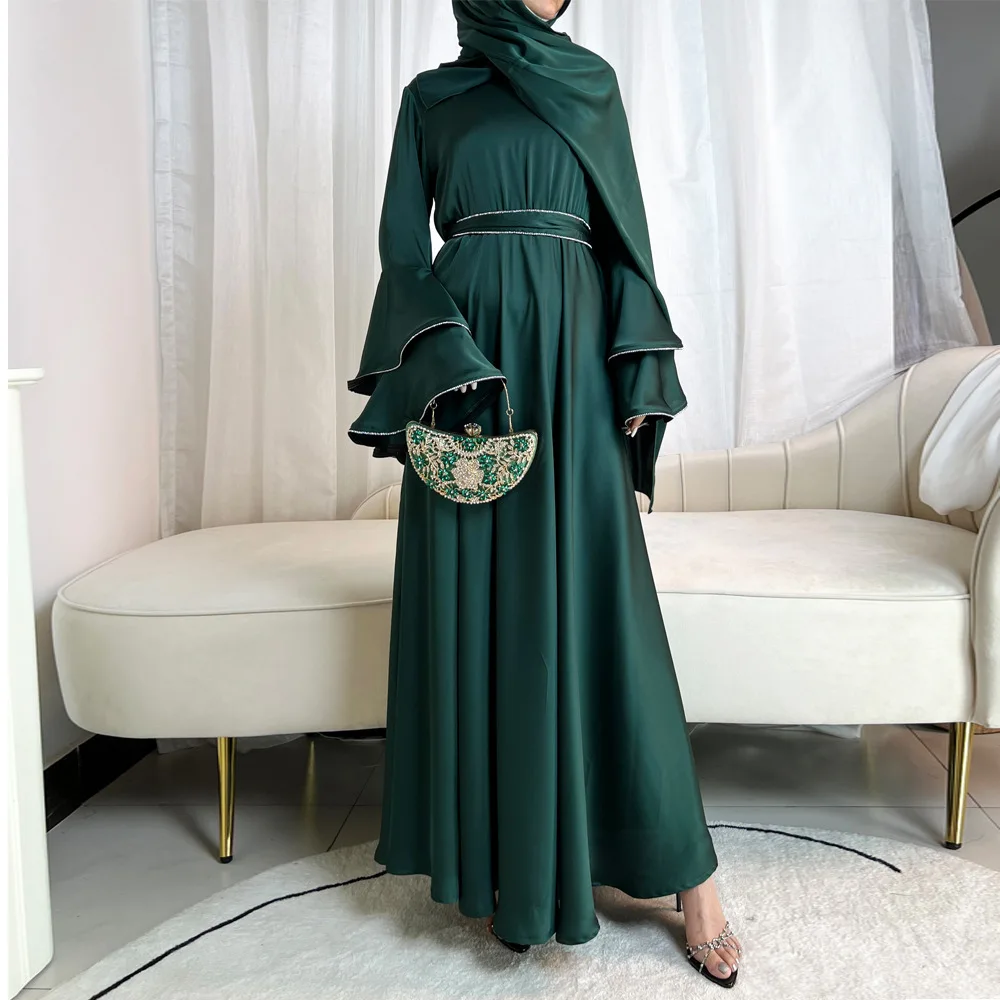 Vestido musulmán Abaya de lujo para mujer con bufanda chal, decoración de cadena de diamantes, mangas acampanadas en capas, bata islámica, fiesta, Ramadán