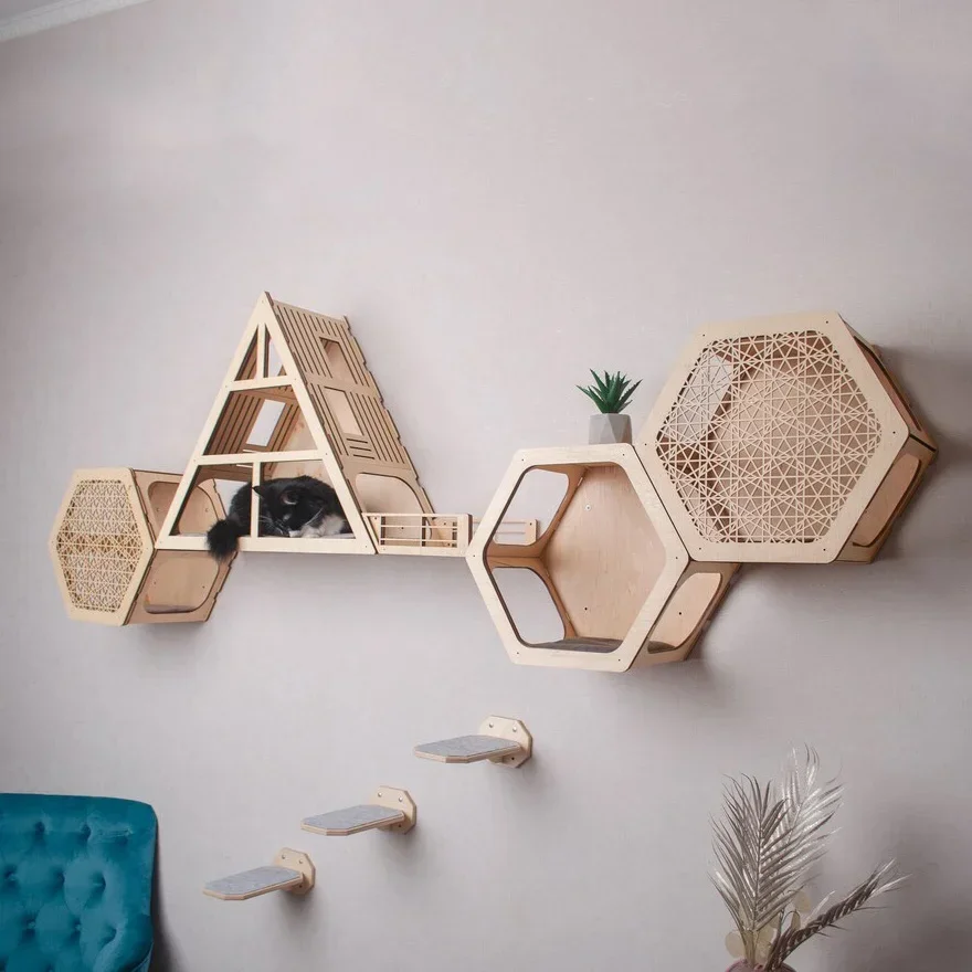 Unique Design Modern Cat Wall Furniture Mounted Hexagon And Triangle Shelves For Cat Climbing