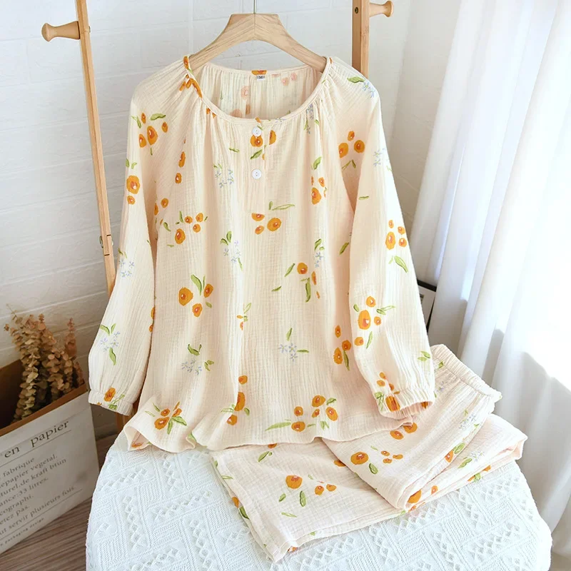 

2025 New Spring and Autumn Women's Pajama Set 100%Cotton Crepe Pullover Long Sleeve Pants Two Piece Loose Floral Home Furnishing