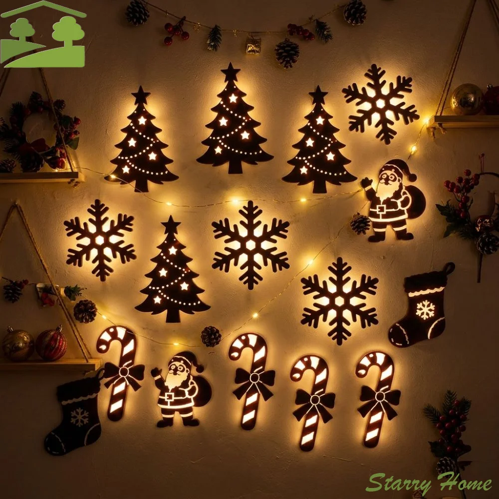 7Pcs Light-Up Christmas Wooden Silhouette Light Candy Cane Vintage LED Christmas Wall Decor Light Soft Warm Light Stocking