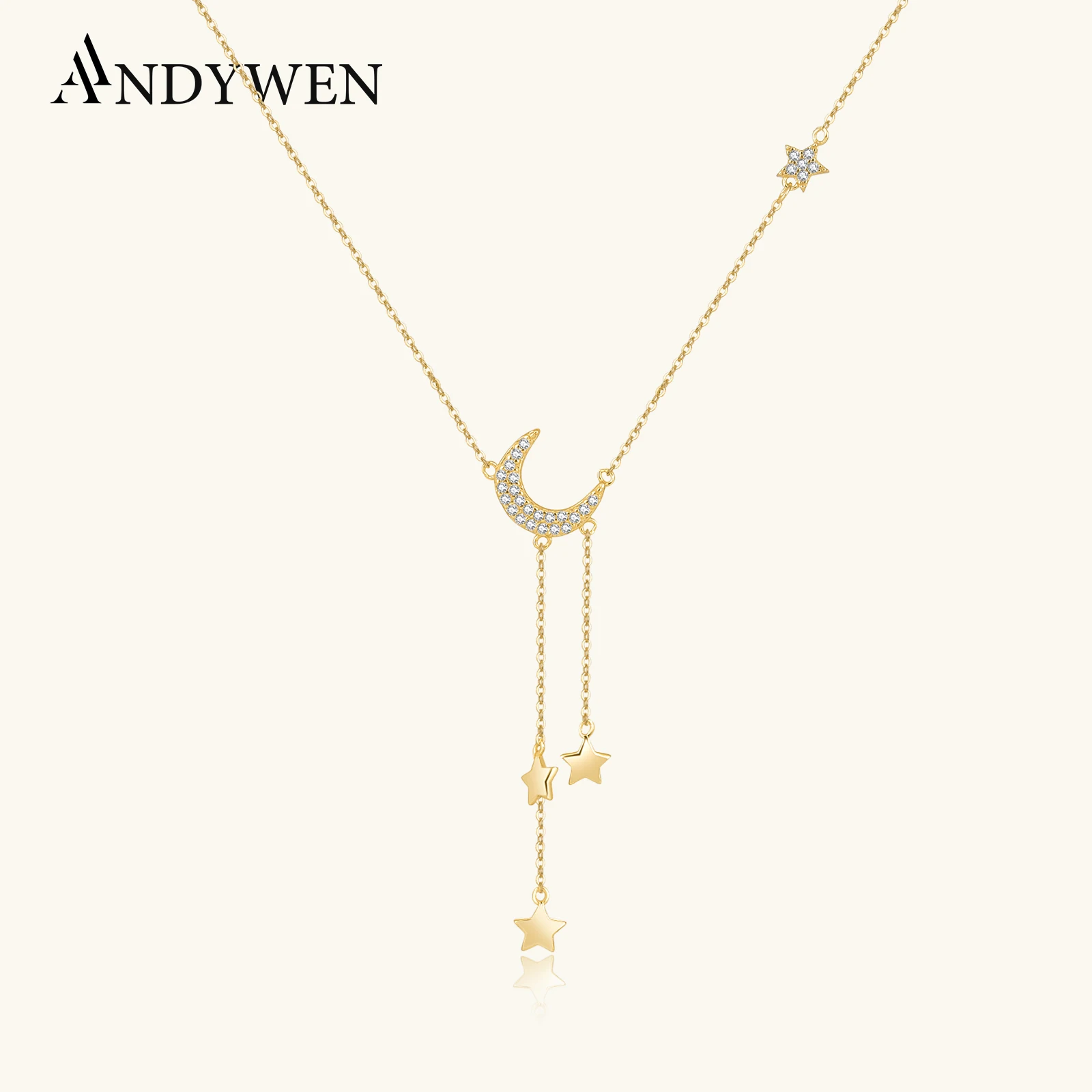 

Цепочка ANDYWEN из стерлингового серебра 925 пробы с подвеской в виде Золотой Луны и звезды, длинная цепочка, Женская Роскошная бижутерия 2021, подарок на свадьбу с прозрачным цирконием