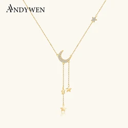 ANDYWEN 925 Sterling Silver Gold Moon Star Chain Pendant Necklace Long Chain Women Luxury Jewelry 2021 Wedding Clear Zircon Gift