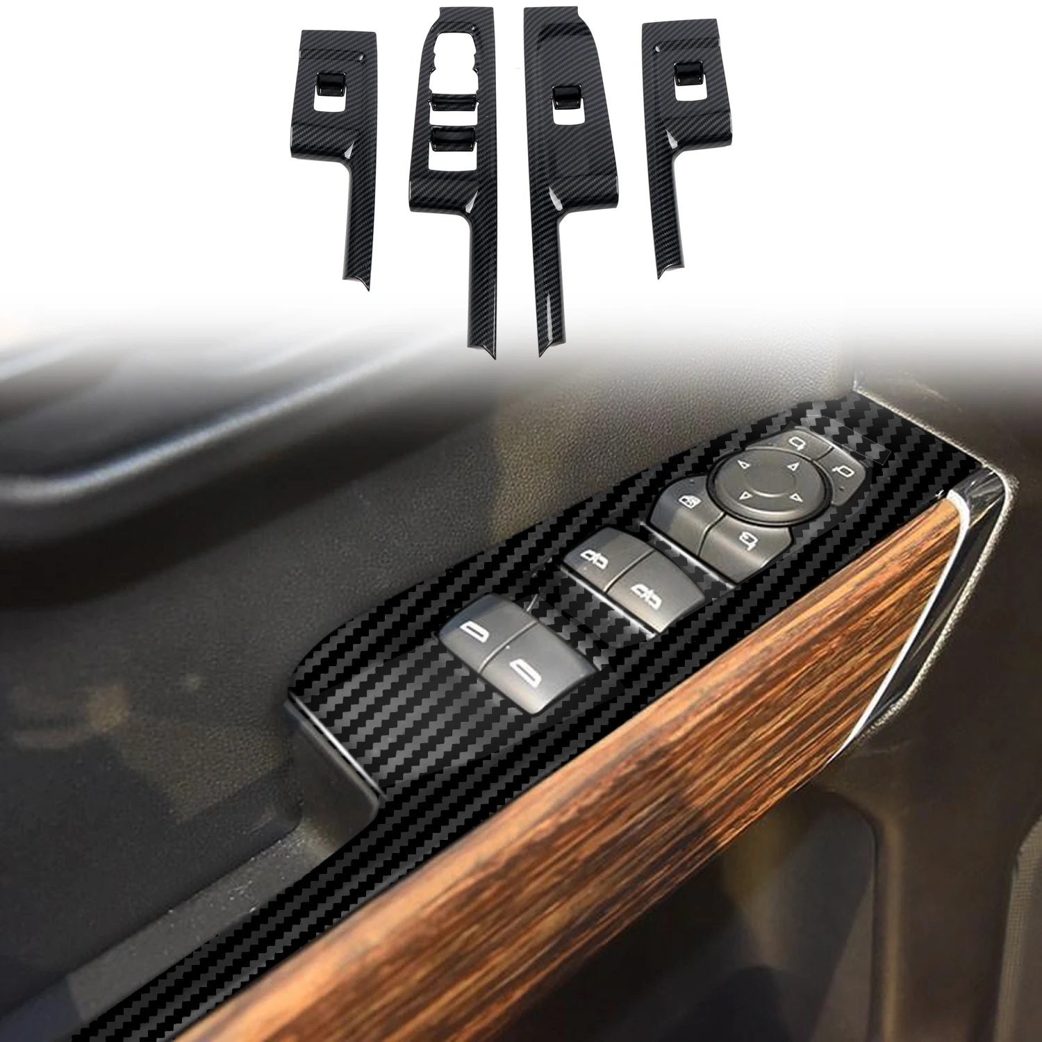 

For Chevrolet Silverado 1500 2019-2021 Car Accessories ABS Plastic Carbon Car Door Window Lift Switch Cover Trim 4pcs