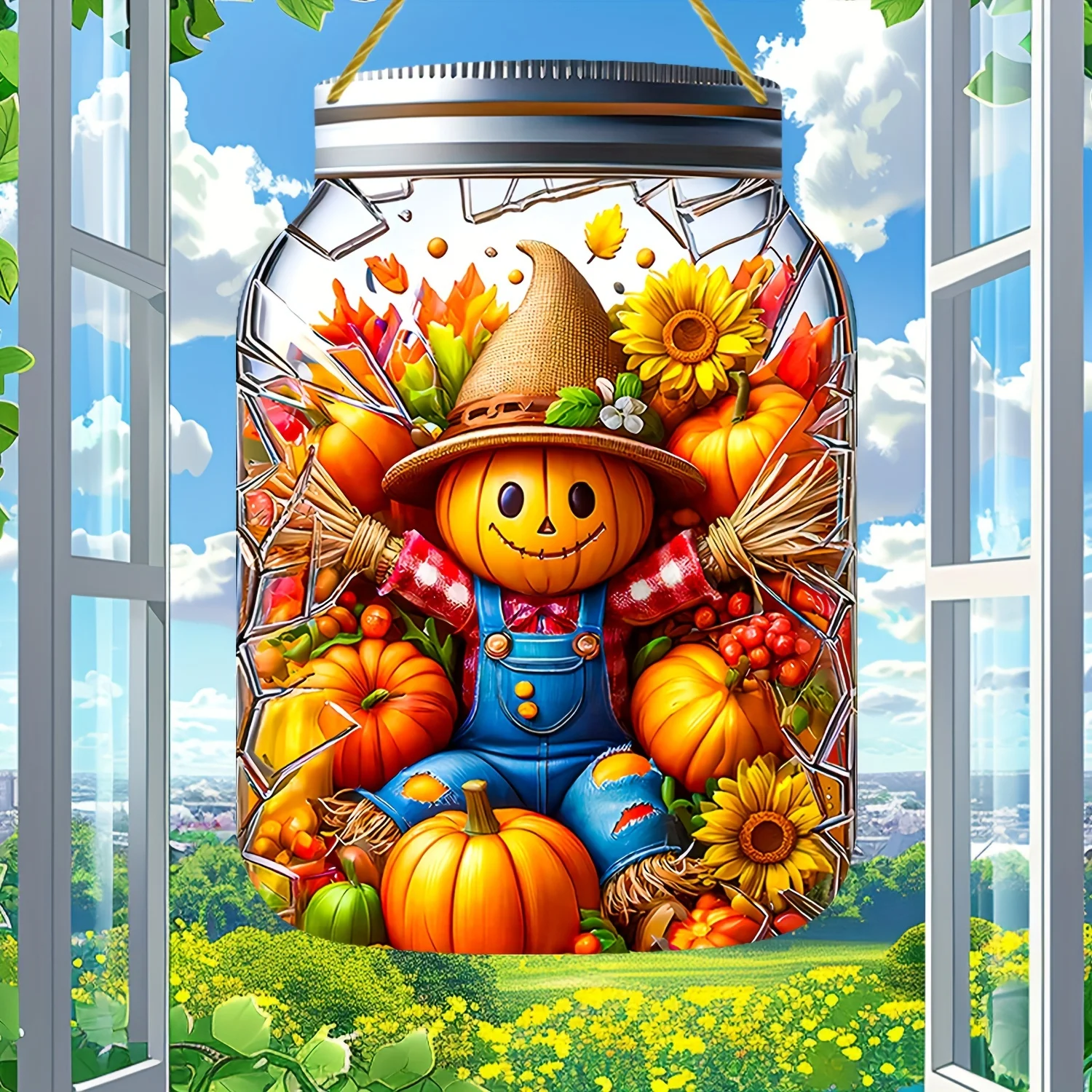 Pumpkin scarecrow with autumn leaf acrylic,mason jar design,home,office or outdoor, perfect for bars,cafes and libraries