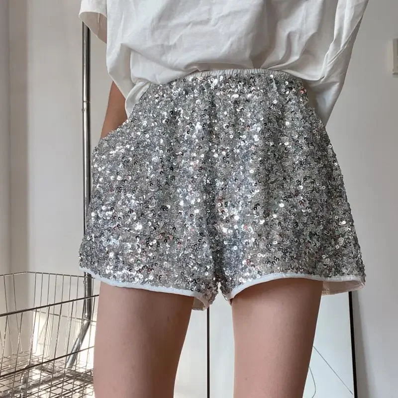 Women's Shorts Fashionable Elastic High Waisted Loose Slimming Wide Legs Sparkling Sequin Hot Pants Women's Shorts with Boots