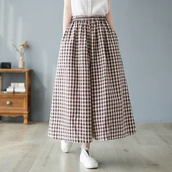 #2941 Summer High Waisted Pants Women Plaid Wide Leg Pants Streetwear Vintage Cotton Linen Baggy Pants Female Ankle-length