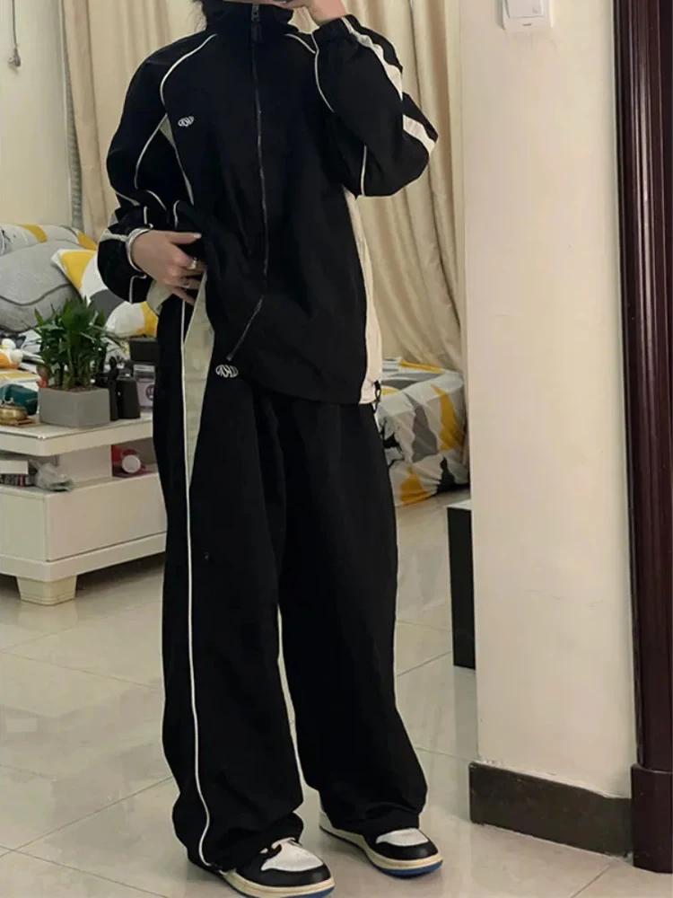 Y2K Women Vintage Black Korean Harajuku Baggy Parachute Track Pants Oversized Sweatpants Wide Leg Joggers Trousers 2000s Clothes