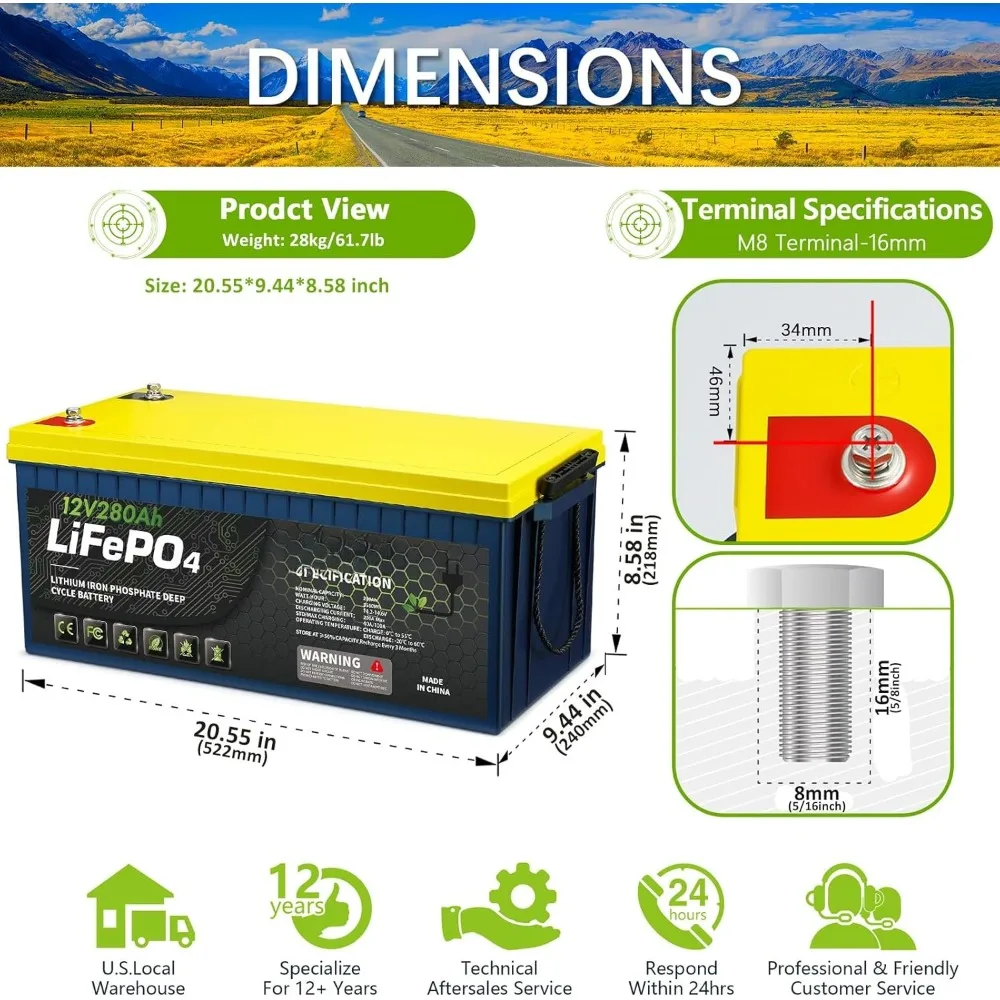 12V 280AH LiFePO4 Lithium Battery with 200A BMS, 3584Wh Deep Cycle Power Supply, Perfect for Solar System, RV, Off Grid