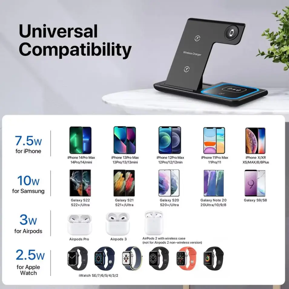 Fast Wireless Charger Charging Station 3-in-1 with Foldable Stand for Samsung iPhone 17 16 15 18 14 13 12 Apple Watch 9 8 7 Airpods, Professional for Xiaomi Huawei Type C Data Cable view 3