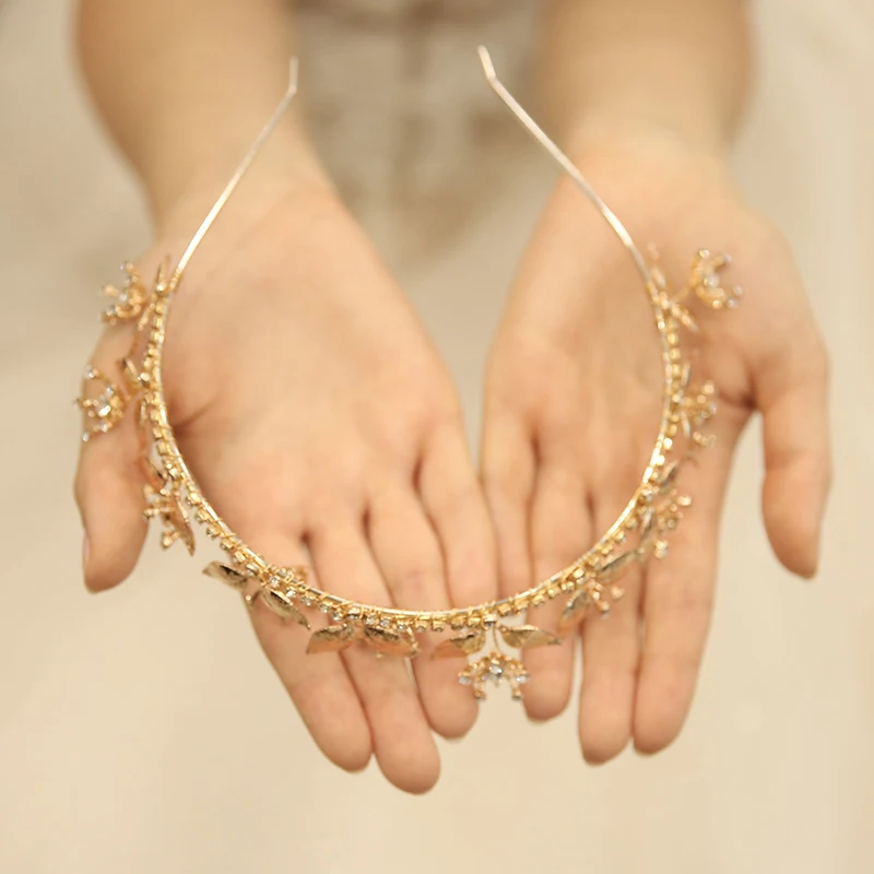 Baroque Women Hairband Gold Color Leaf Bridal Tiara Crown Rhinestone Wedding Hair Piece Handmade Accessories