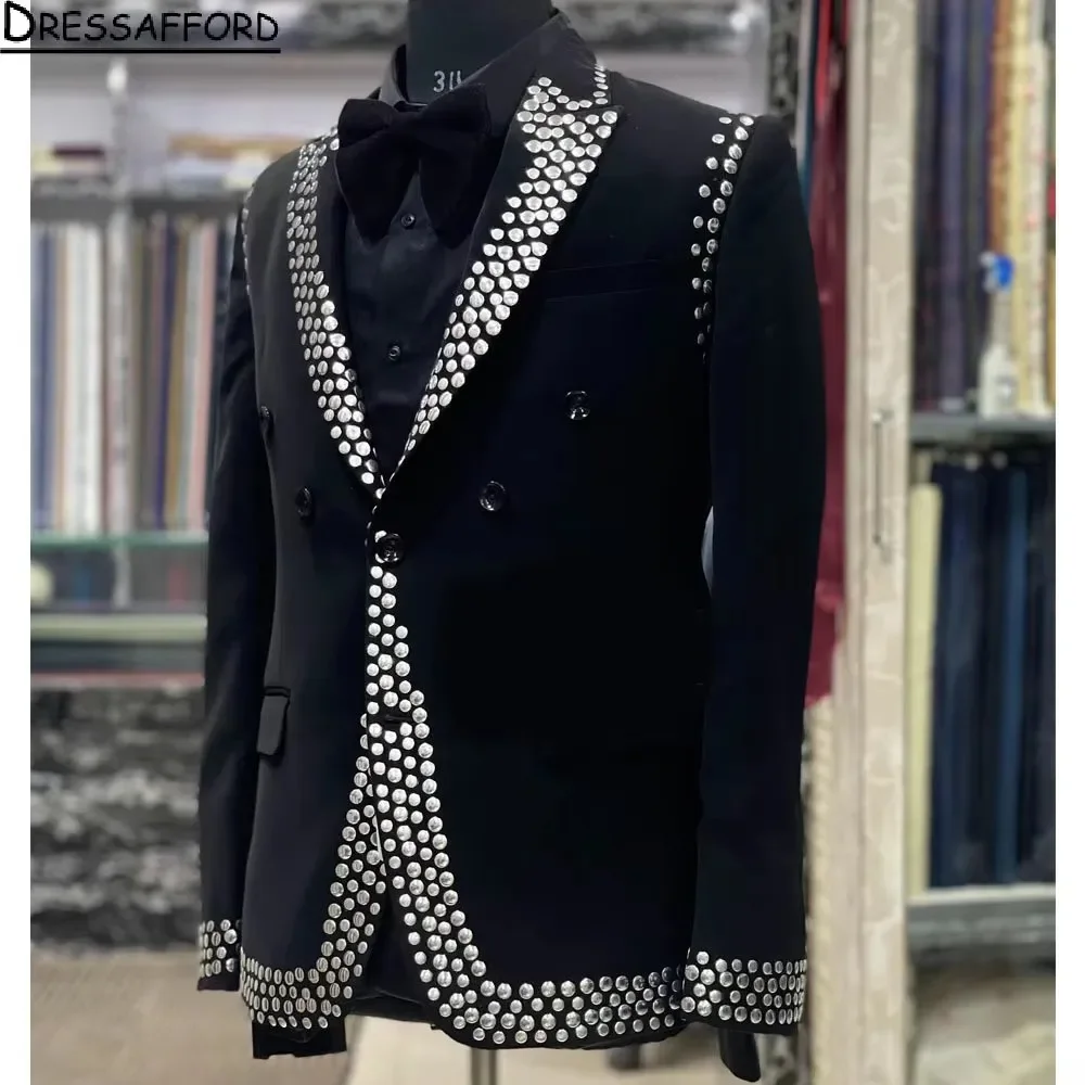 Black Formal Men Suits 2 Piece Round Drill Fashion Business Casual Wear Party Wedding Groom Tuxedo Jacket And Pants