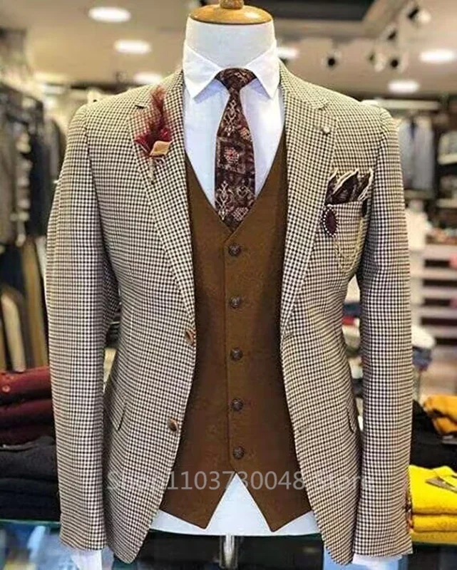 3 Pieces Formal Plaid Men\'s Suits Slim Fit Notch Lapel Brown Houndstooth Blazer Vest Pants Prom Tuxedos For Wedding/Business