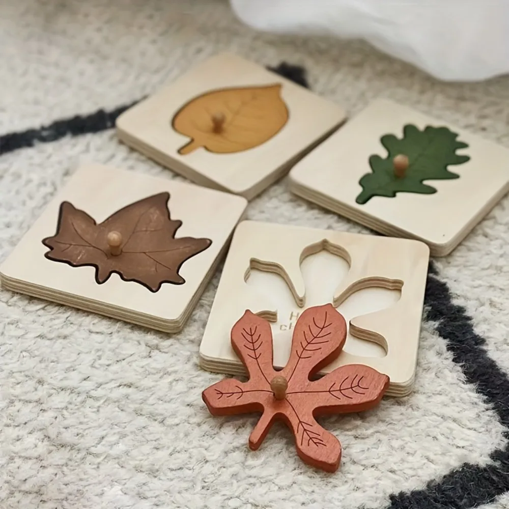 

Wooden Leaf Jigsaw Shape Fun Puzzles 4pcs with Holder Pack Montessori Educational Toys Learn Sorting & Stacking for Kids