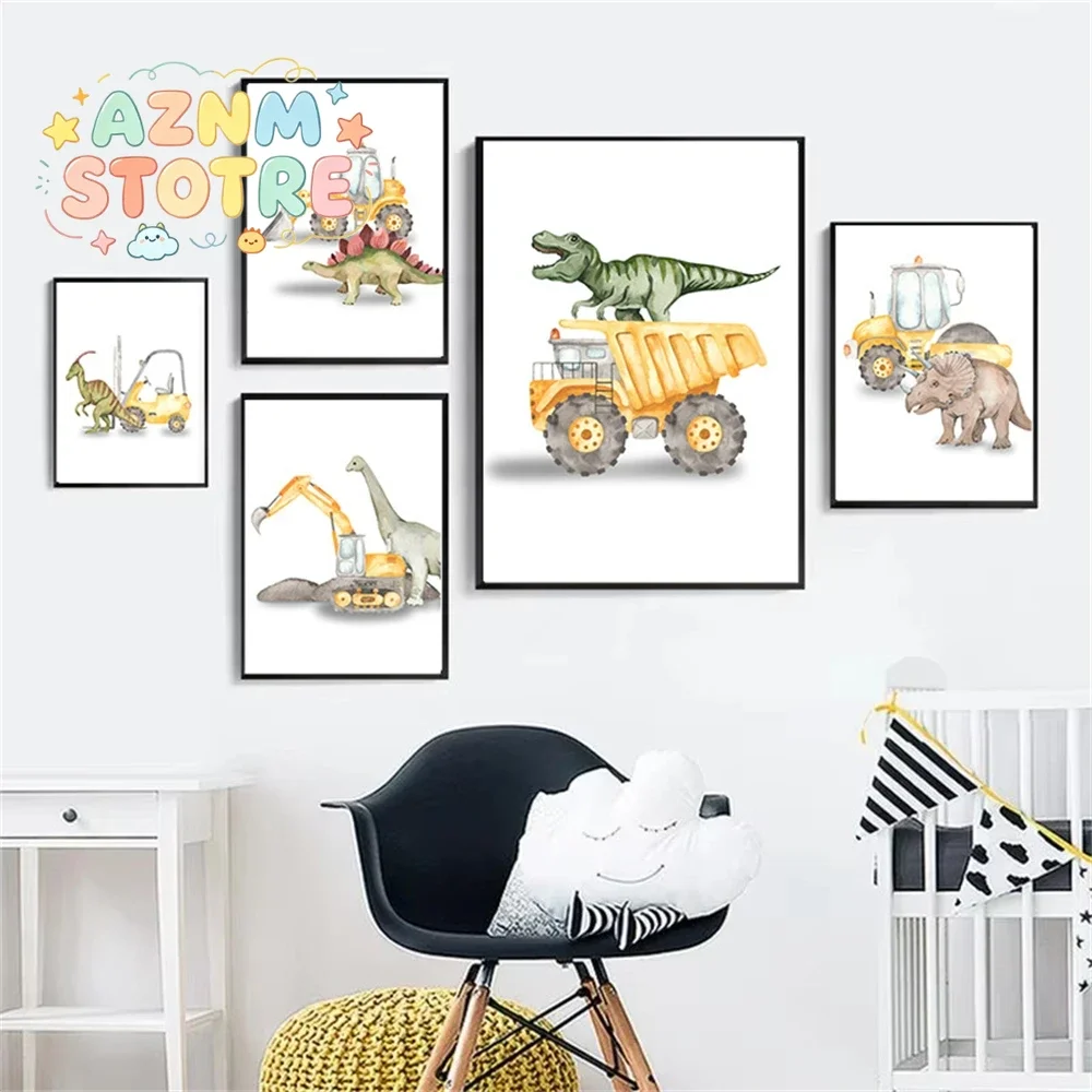 Cartoon Dinosaur Truck Tractor Excavator Wall Art Canvas Painting Nursery Posters And Prints Nordic Wall Pictures Boy Room De