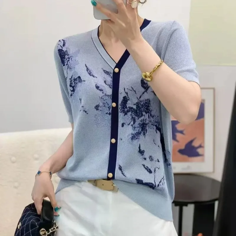 Women Summer Tencel Knit Top Color Block V Neck Fake Cardigan Ink Print Short Sleeve Elegant Tee S-XXL