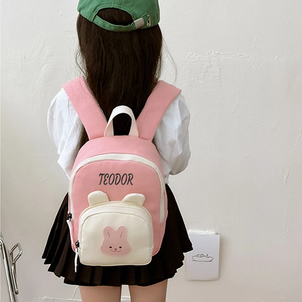 Personalized Name Canvas Backpack Small Cartoon Bunny Bag Custom Kindergarten Girl's Schoolbag Kids Outdoor Snackbags with Name