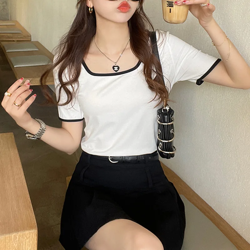 Summer high elasticity threaded cotton shoulder versatile base, outerwear, square neck short sleeved t-shirt for women