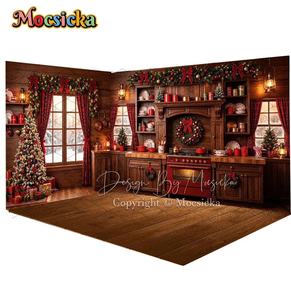 Mocsicka Christmas Kitchen Backdrop Photography Red Check Curtain Wreath Xmas Tree  Lantern Snowy Window Background Family Photo