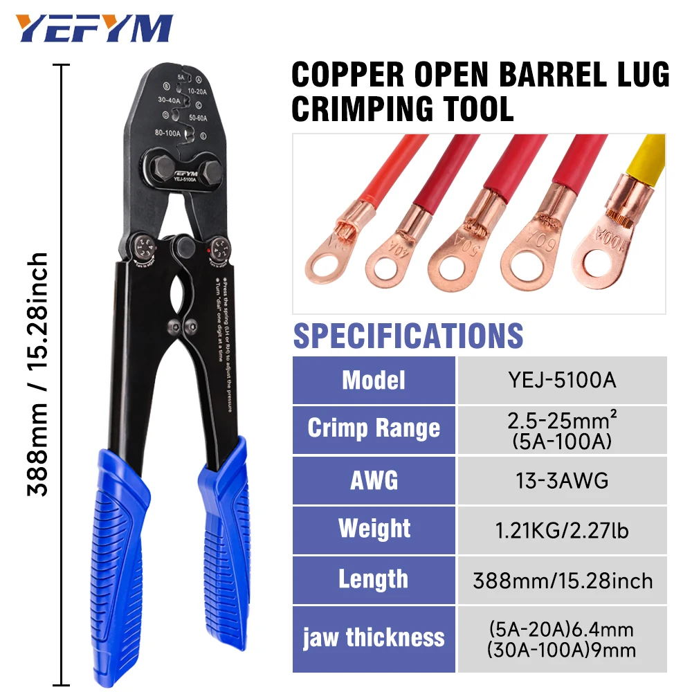 Heavy Duty Battery Lug Crimper YEJ-5100A for 5A-100A(AWG 13-3) OT Open Barrel Terminals, Automotive Wire Crimp Pliers