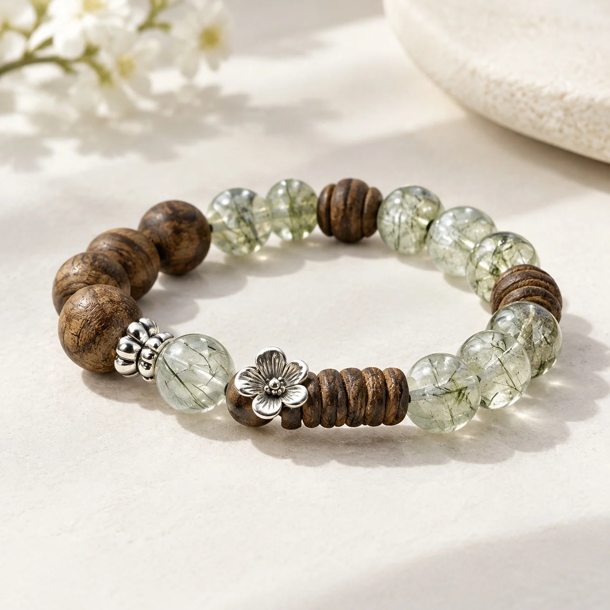 New Chinese Style Bracelet Zen-inspired Design Green Rutilated Quartz Aloeswood Crystal Floral 10mm Bead Diameter Women