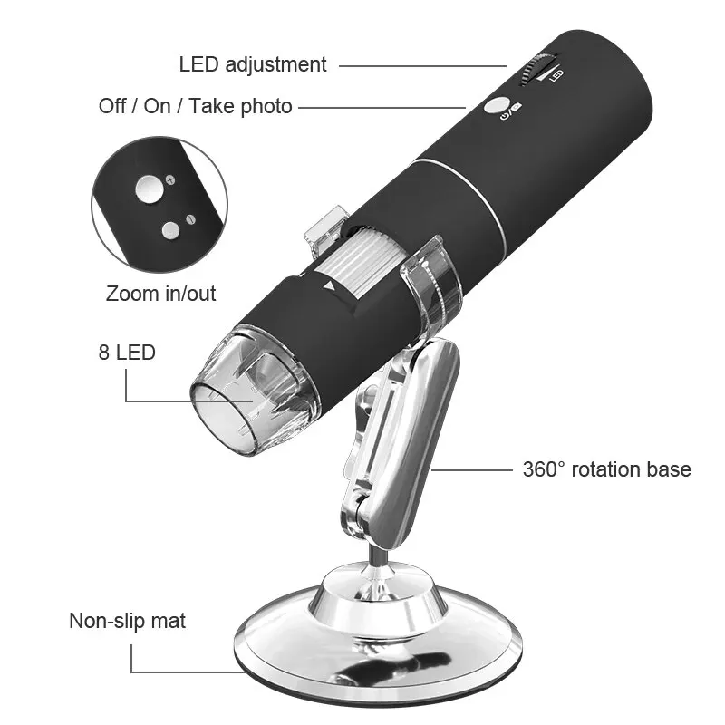 Wireless Digital Microscope 2MP 1000x Coin Magnification Adjustable Microscope with 8led for Kids Gifts Support IOS & Android PC