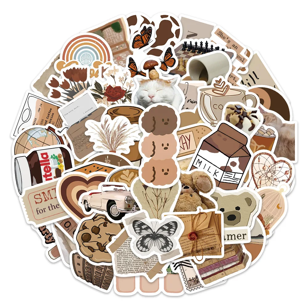 60PCS Aesthetic Brown Coffee Stickers Vintage Aesthetic Cartoon Style DIY Decorative Laptop Luggage Waterproof Stickers Kids Toy