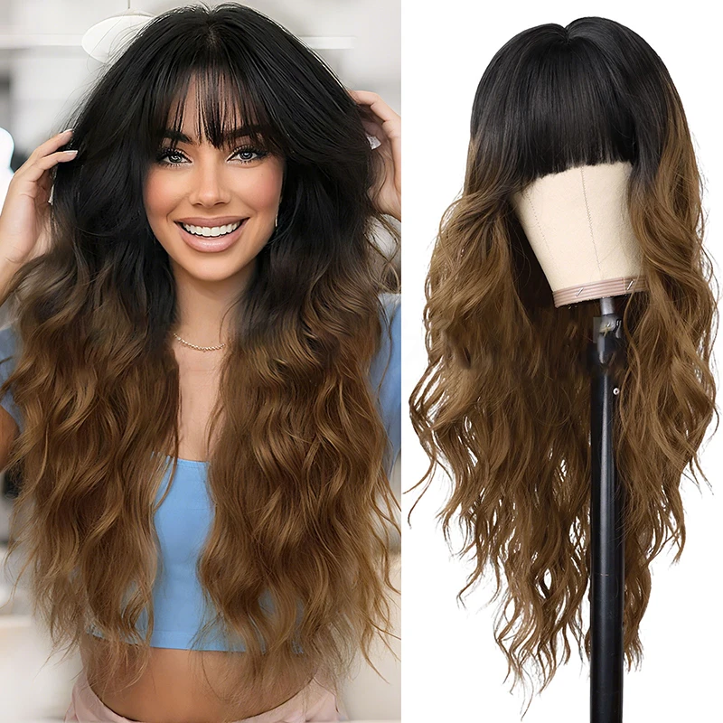 

A 26-Inch Synthetic Wig With Bangs And Wavy Hair Is Suitable For Women To Use In Daily Parties And Halloween Role-Playing
