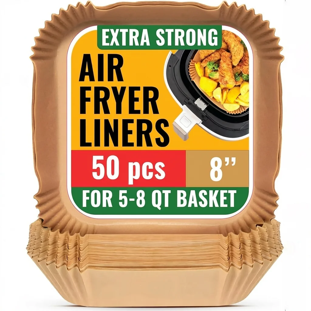 Forros de papel descartáveis ​​da fritadeira de ar 50 pces, forros quadrados da fritadeira do ar da antiaderente da prova de óleo de 8 Polegada para a cesta de 5-8 qt