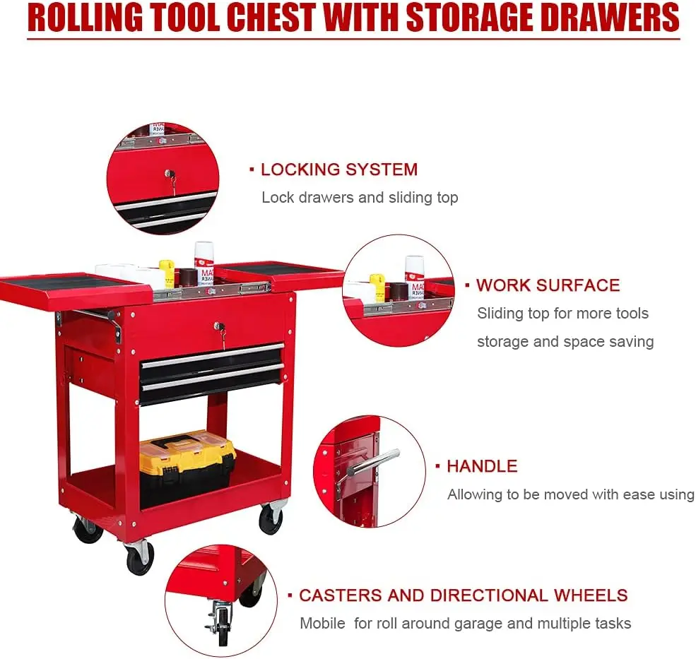HPDMC Steel Tool Service Utility Push Cart with Lockable Drawers & Sliding Top 2-Drawer Garage Rolling Storage Tool Chest
