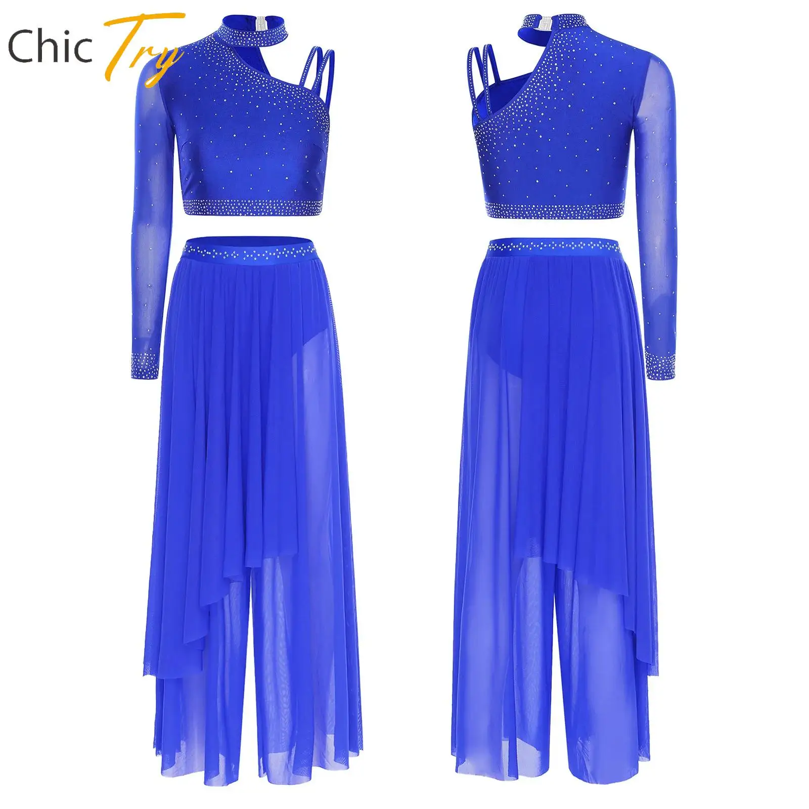 

Women Lyrical Modern Dance Costume Asymmetrical Shoulder Rhinestone Crop Top with Pants Adult Contemporary Performance Dancewear