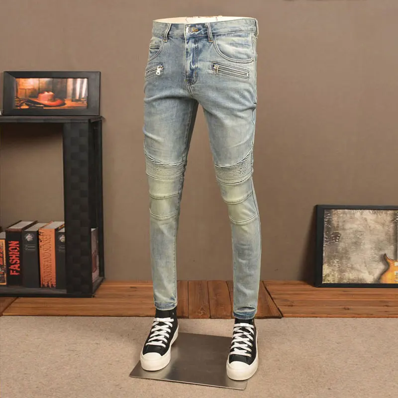 

Street Fashion Men Jeans Retro Light Blue Stretch Skinny Fit Ripped Jeans Men Spliced Designer Hip Hop Denim Biker Pants Hombre