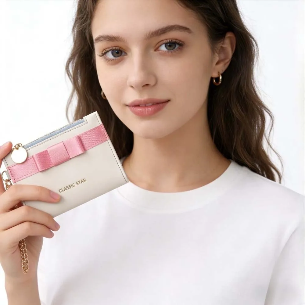 Portable Candy Color Wallet Bow Small Pouch PVC Short Leather Purse Multiple Card Anti-splash Water Folding Card Bag Women