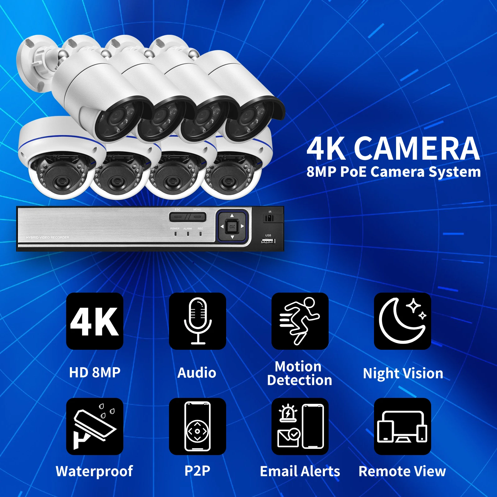 Gadinan 8CH 4K กล้องวงจรปิดความปลอดภัยกล้องระบบ Motion Detection ชุดการเฝ้าระวังวิดีโอหน้าแรกเสียงกล้อง IP กลางแจ้ง POE NVR ชุด