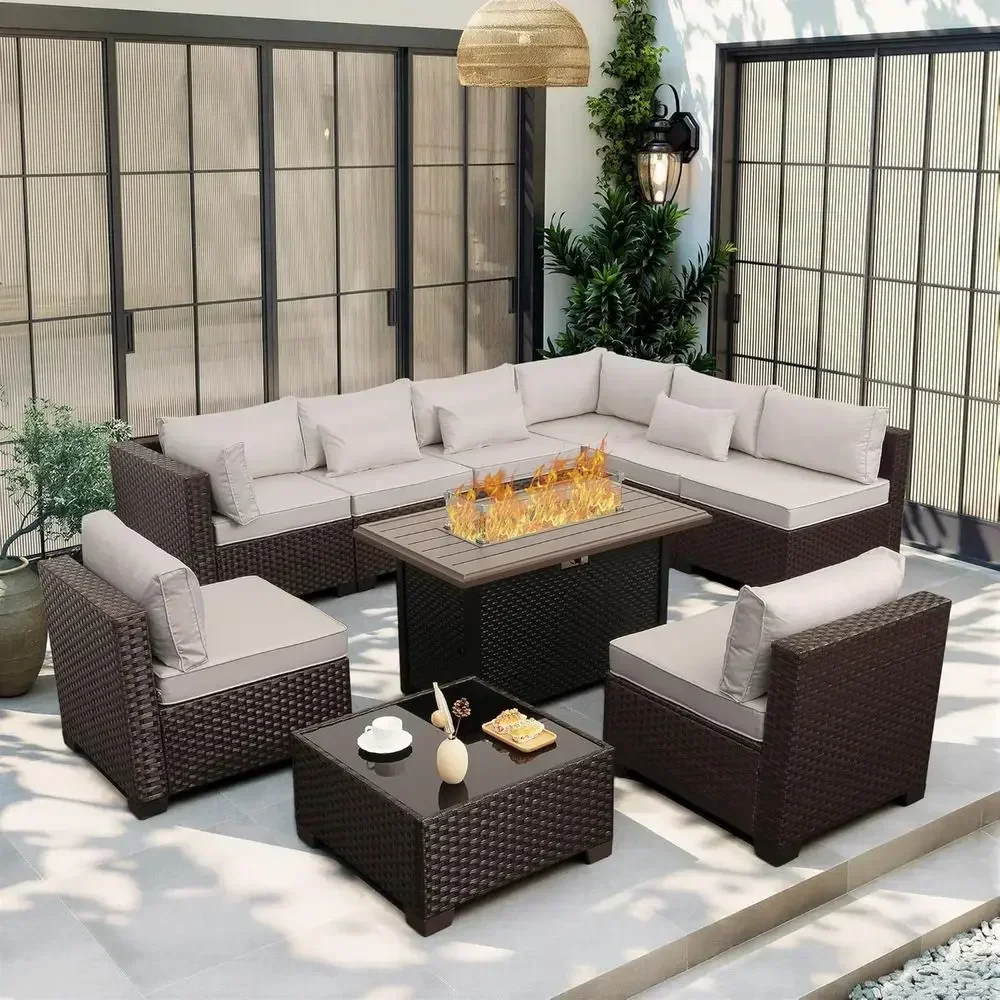 10-Piece Outdoor Wicker Sectional Patio Furniture Set with Cushions and 45 Fire Pit Table, Beige