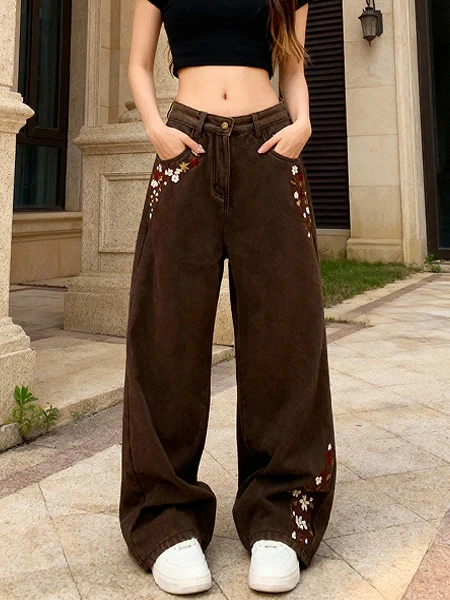 

Elegant High Waist Wide Leg Jeans Women's Spring 2026 Embroidered Floral Design Casual Comfortable Loose Fit Denim Trousers