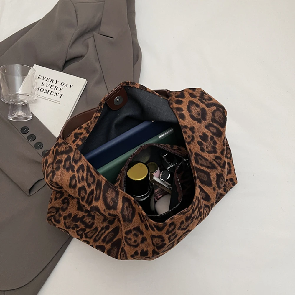 

Women Suede Shoulder Bag Magnetic Closure Purse and Handbag Leopard Print Hobo Bag Satchel Bag for Work Travel