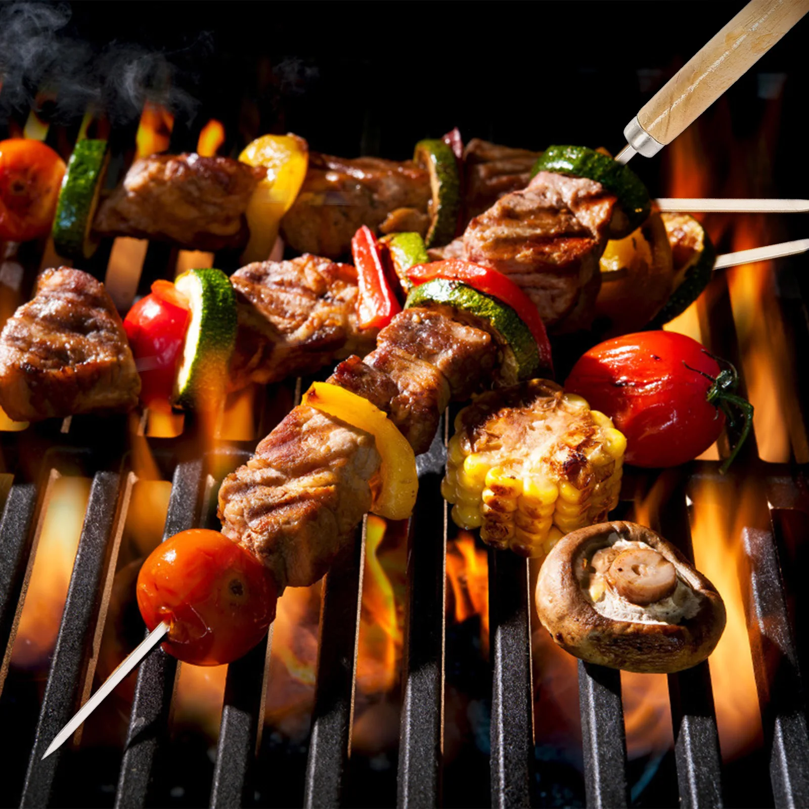 

20Pcs Stainless Steel Barbecue Skewers Wood Handle Anti Slip Heat Insulation Grill Sticks Bbq Skewers Useful Barbecue Stick