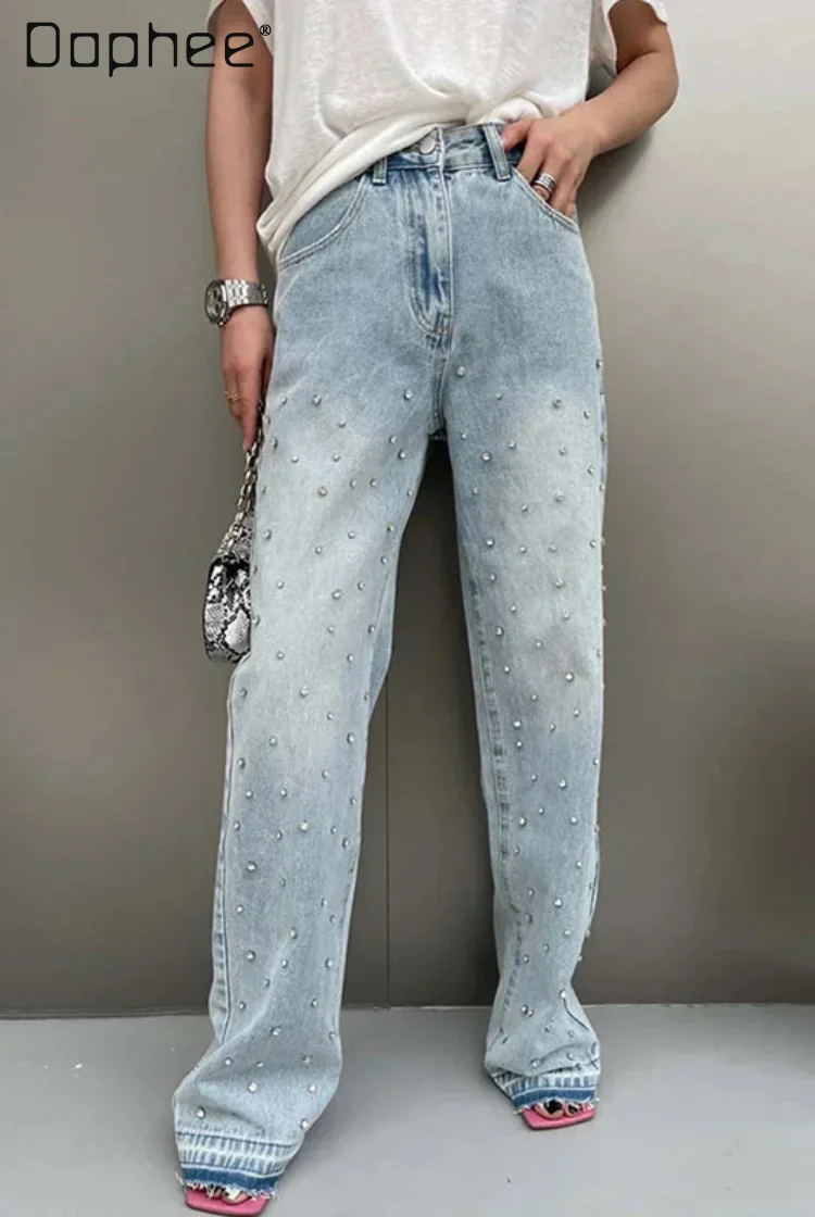 

Diamond Denim Pants for Women Casual Loose 2024 Autumn Spring Washed Blue Mid Waist Slim Jeans Straight Pants Fashion Clothing