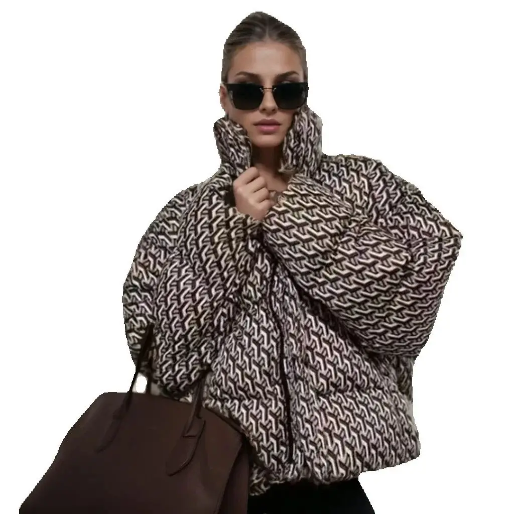 2025 frauen Elegante Übergroßen Gedruckt Stehkragen Zipper Gepolsterte Mäntel Dame Chic Verdicken Warme Lange Hülse Lose Jacken Parkas