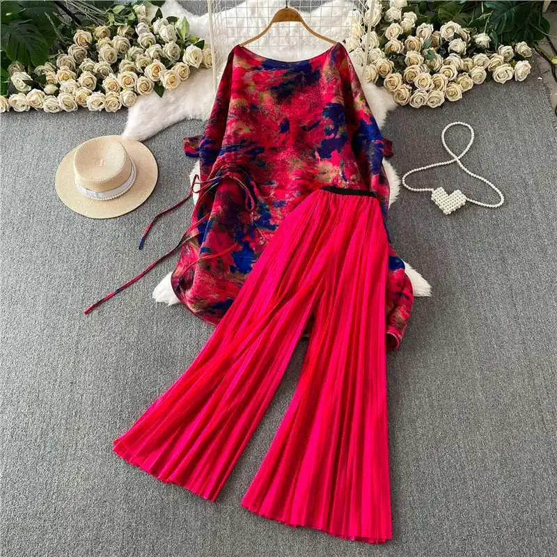 Miyake Light Luxury Oil Painting Printing Design Split Drawstring One-word Collar Bat Sleeve Long Top Two-piece Set view 4