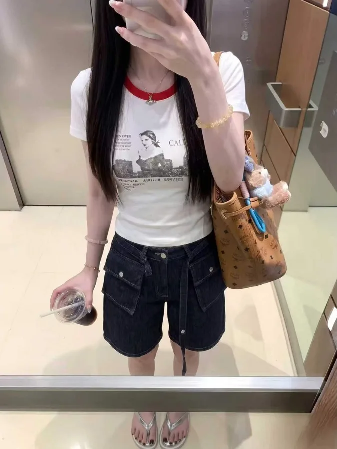 

plus Size Women's Korean Style Short Sleeve T-Shirt Summer New Slimming Design Casual Print Top Color Block round Neck Tee