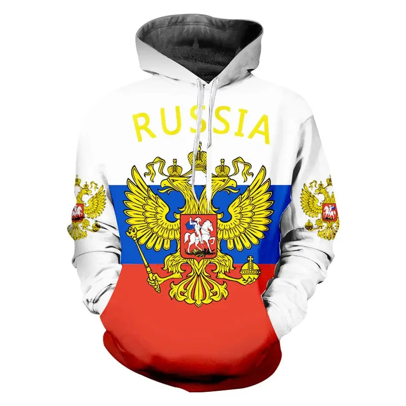 Russian Flag Hoodies Men\'s Fashion Tracksuit Hooded Sweatshirts Street Kids Hip Hop Men Clothing National Emblem Print Pullovers