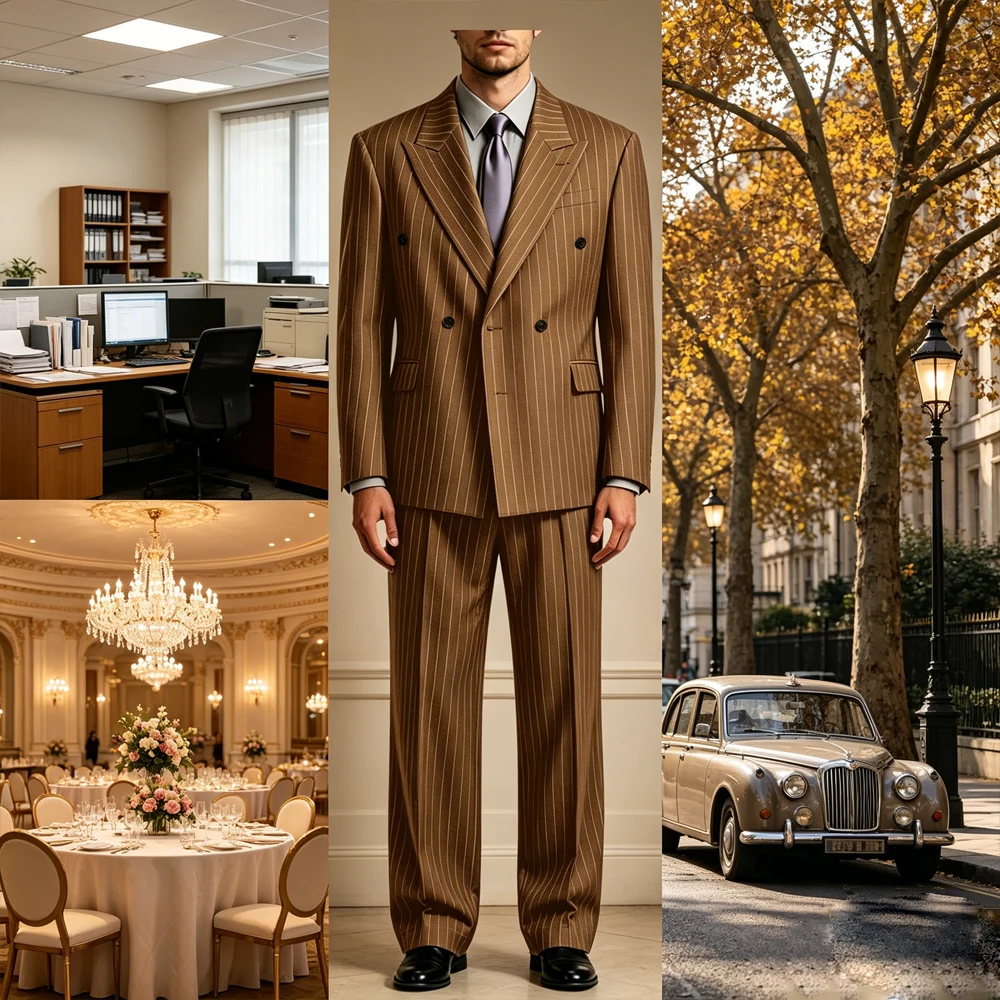 Traje de hombre de doble botonadura con rayas, 2 piezas, solapa con muescas, blazer formal y pantalón, estilo vintage para negocios, bodas, fiestas, graduaciones y cenas.