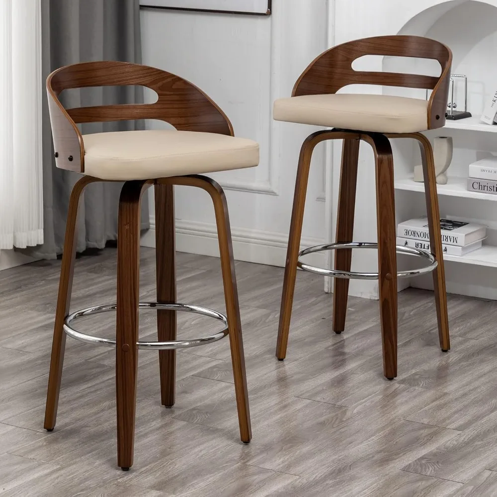 

Bar Stools Set of 2, Swivel Bar Height Stools with Walnut Bentwood, Low Back, Upholstered Faux Leather, Soft Cushion Seat, Mid C