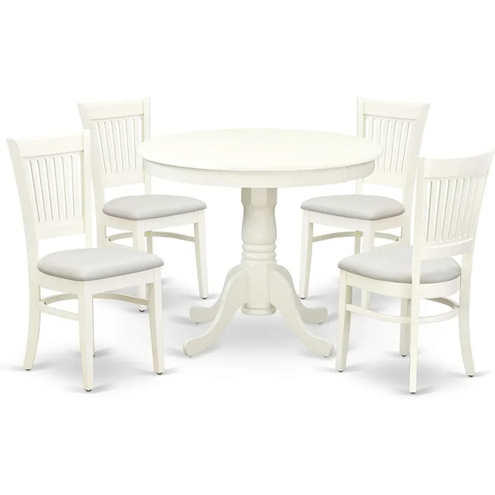 The 5-piece dining table set includes a circular kitchen table with a base and 4 linen fabric cushioned dining chairs in white