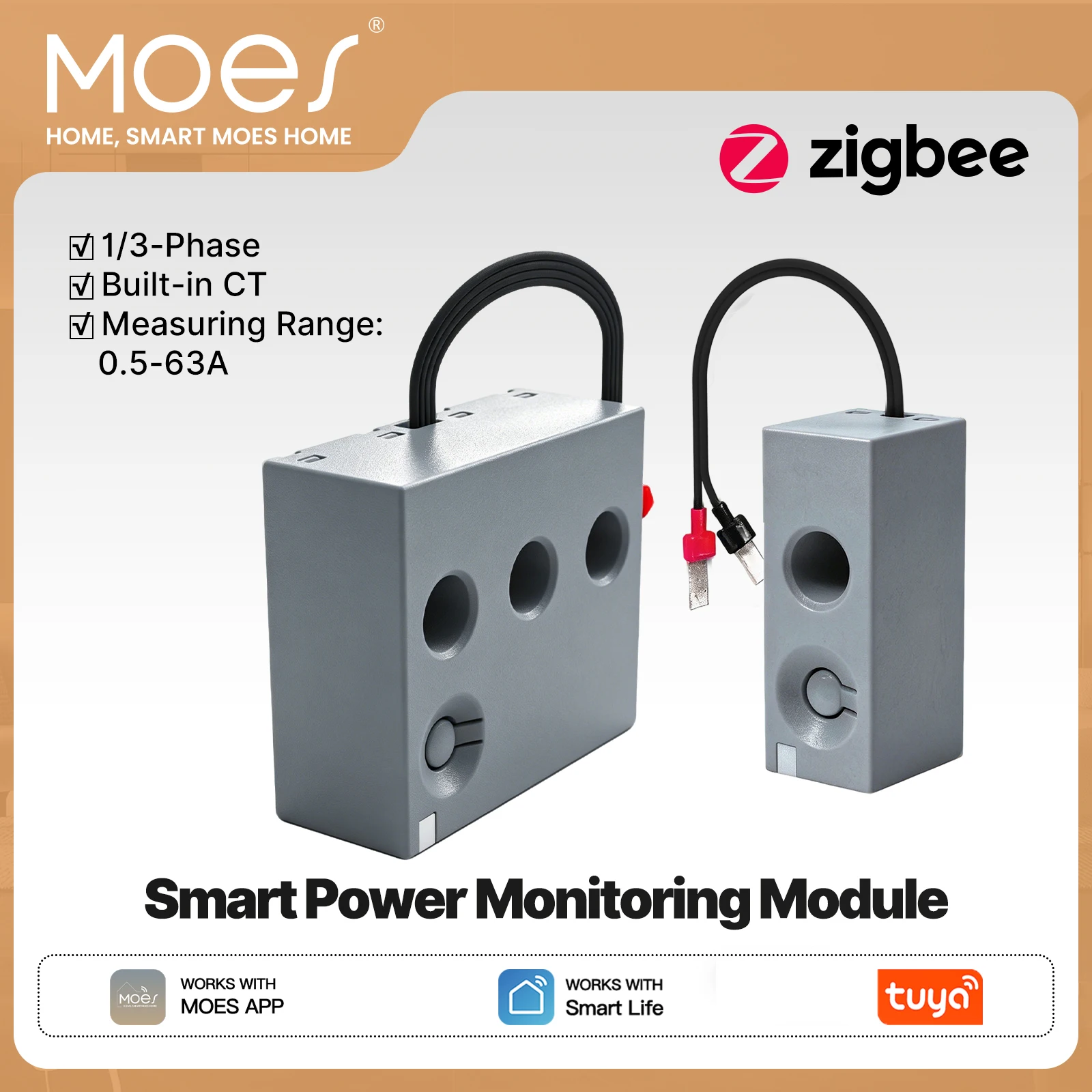 MOES Tuya Zigbee 1-Phase Smart Power Metering Module Electricity Consumption Monitor 63A Measure Built-in Current Transformer